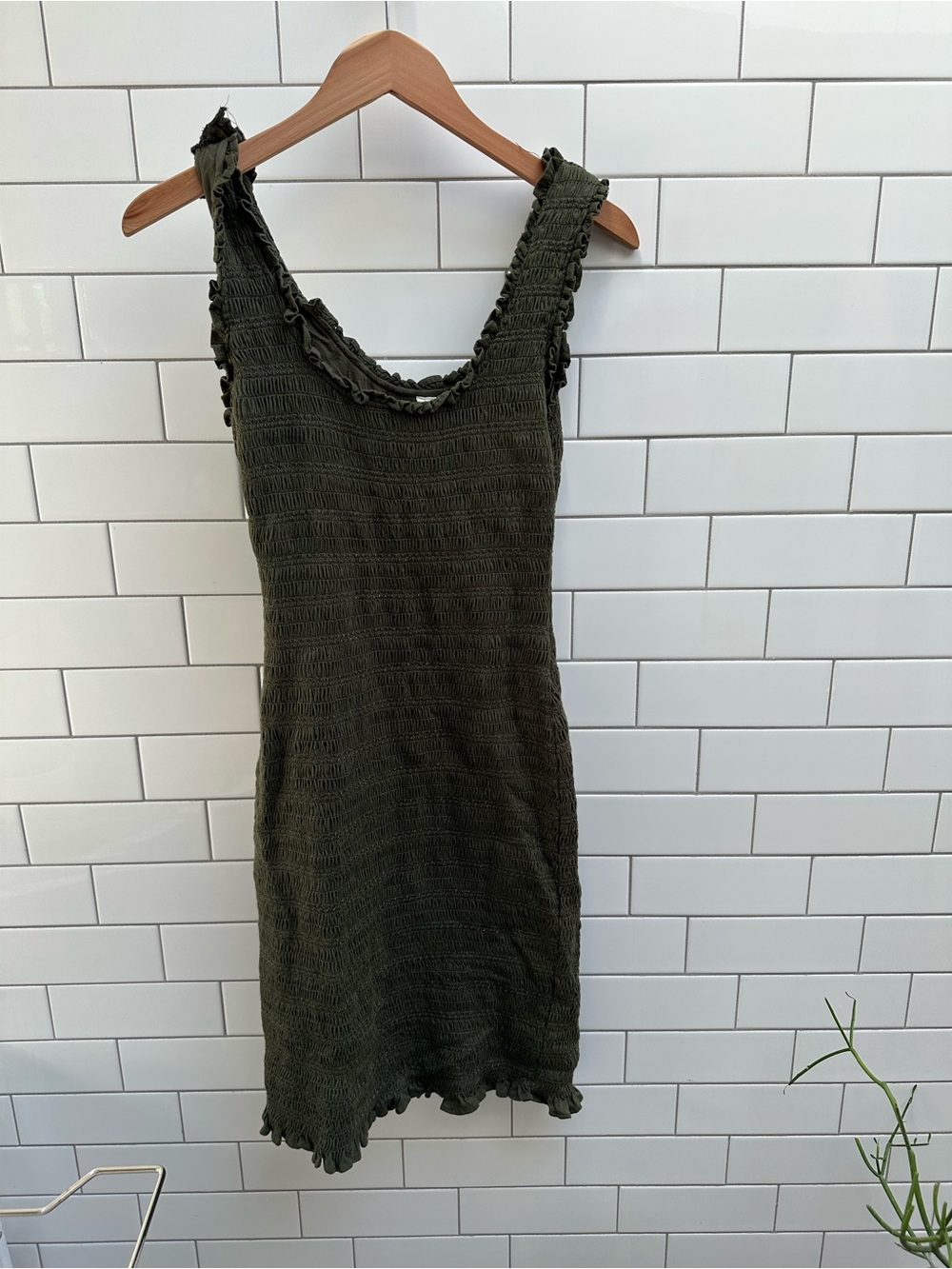 Akemi + Kin olive green ruched smocked dress from Anthropologie, size S